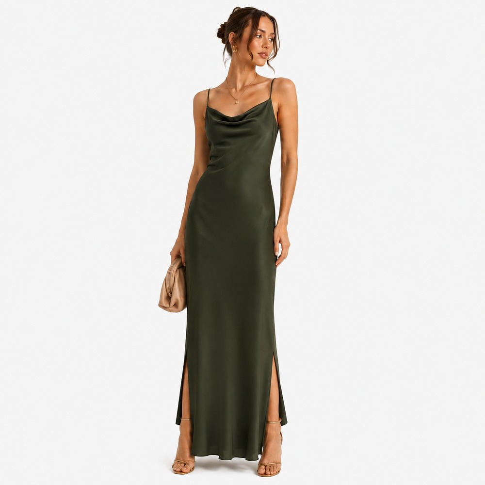 Anthropologie Elyse Bias Slip Dress Womens XS Green Satin Cowl Neck Maxi Slit